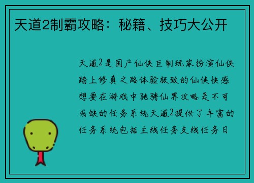 天道2制霸攻略：秘籍、技巧大公开