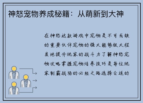 神怒宠物养成秘籍：从萌新到大神