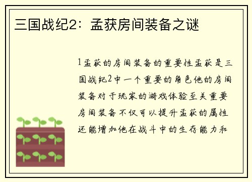 三国战纪2：孟获房间装备之谜