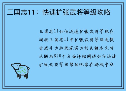 三国志11：快速扩张武将等级攻略